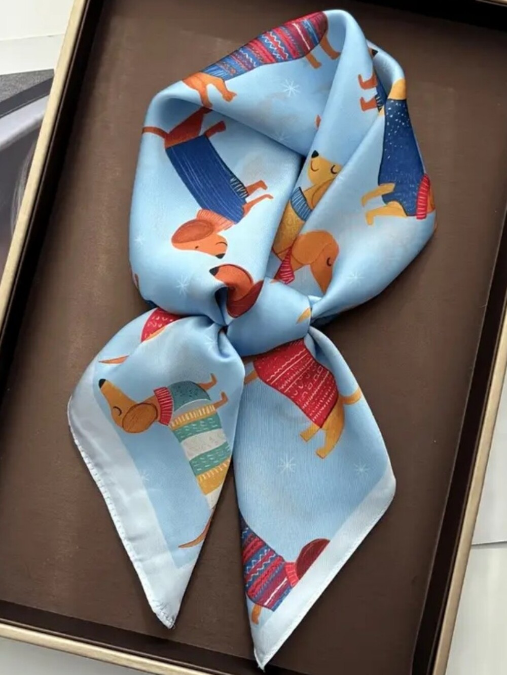 Silk-feel Light Blue Dog Print Scarf with Multicolor Head Scarf , Neck Scarf